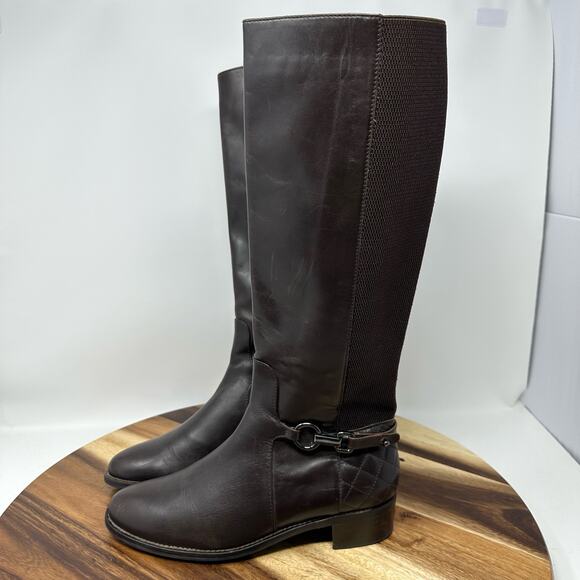 Aquatalia Oralie Equestrian Boot 7.5 Brown Leather Stretch Knee Side Zip Quilted - Picture 9 of 10